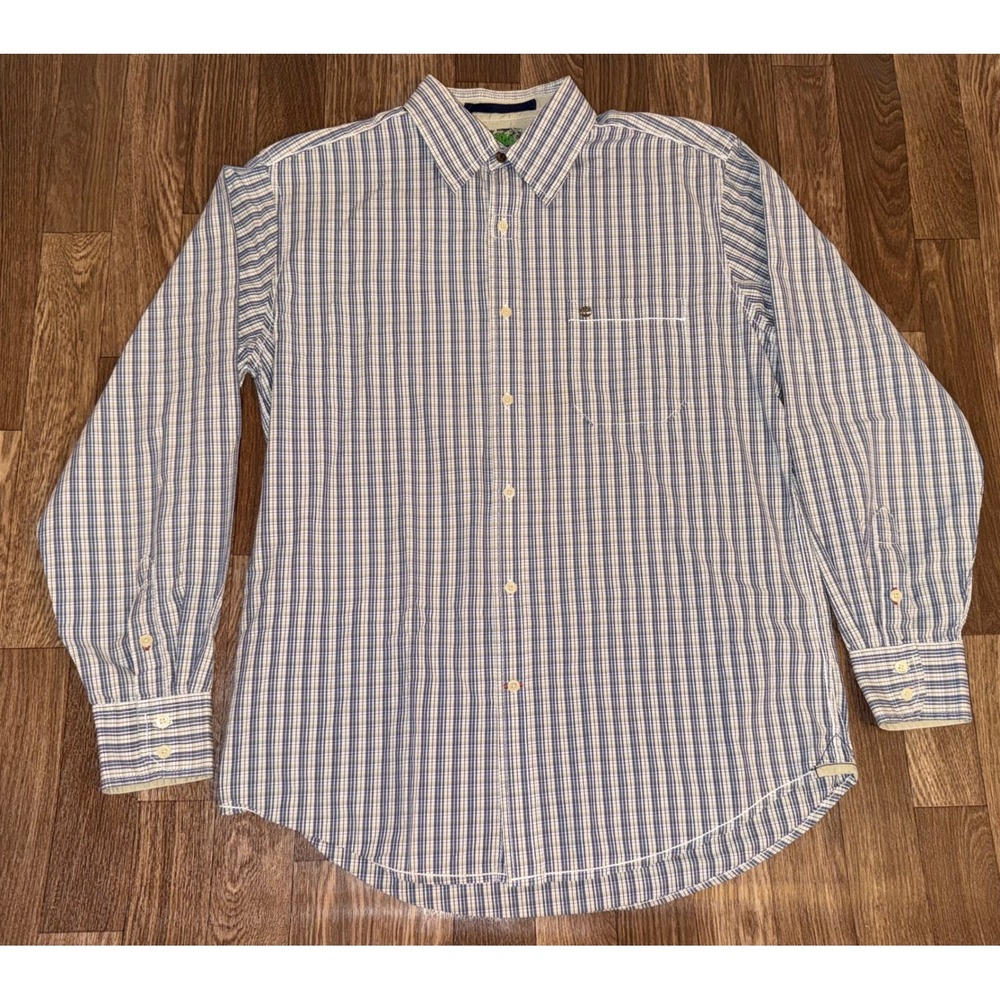 Timberland Mens Medium Blue Plaid Organic Cotton Long Sleeve Button Down Shirt‎